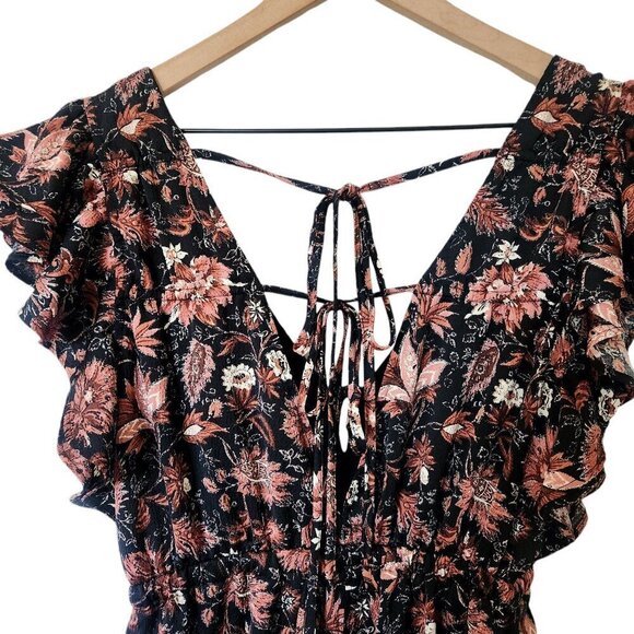 NWT Madewell Deep-V Ruffle Wide Leg Jumpsuit in Pampas Blooms Black Brown Sz. S - Picture 9 of 12